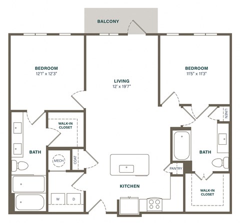 Floor plan for 2 beds, 2 baths, 1133 sqft